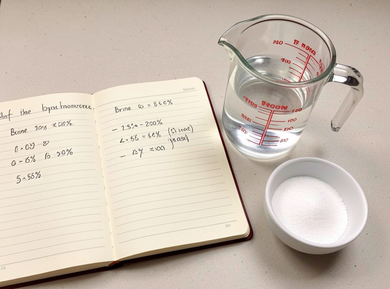 A notebook with brine percentage math written out beside a measuring jug of water and a small bowl of salt