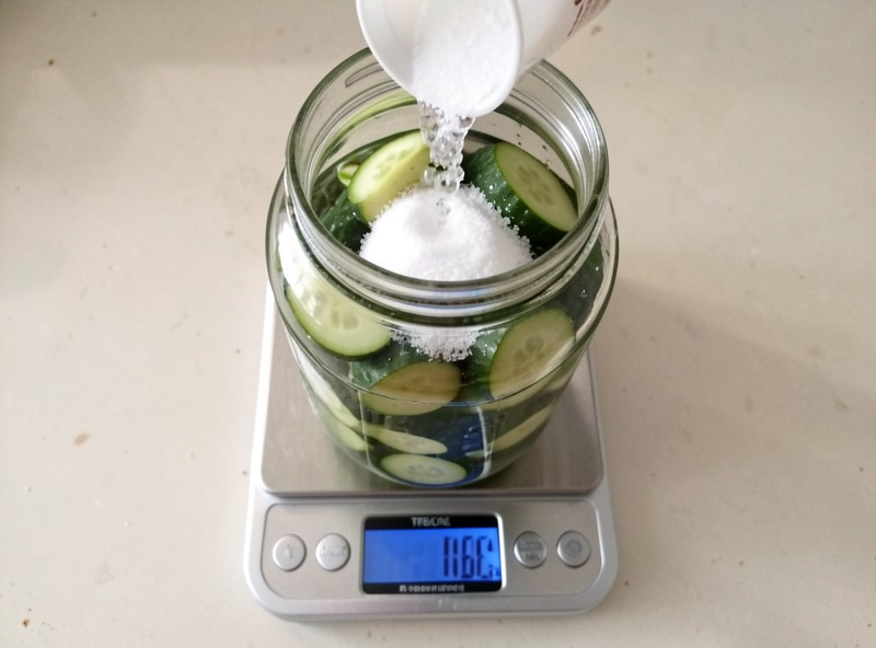 Salt being poured directly into a tared jar of vegetables and water sitting on a digital scale