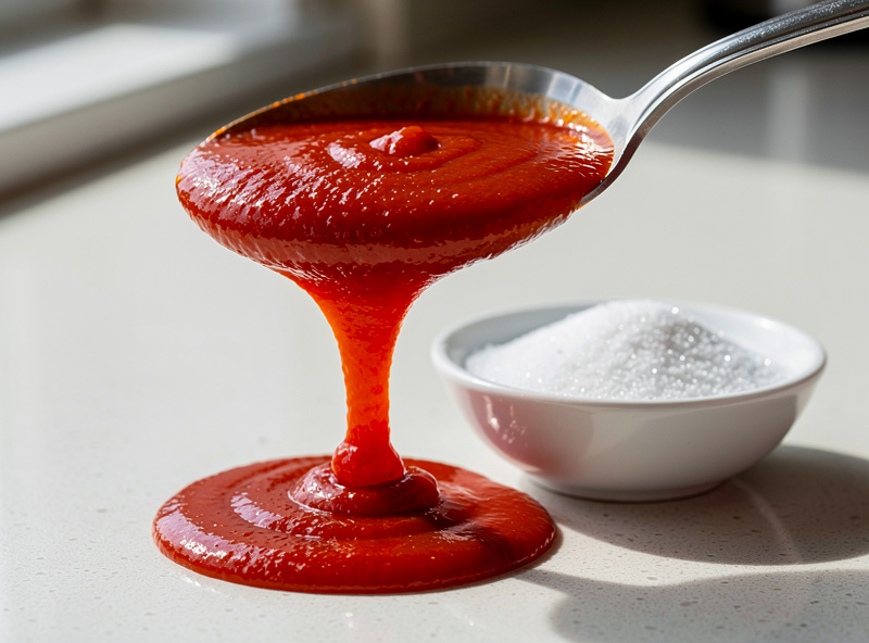 A spoon lifting thick glossy red hot sauce showing a clinging consistency, beside a small dish of white xanthan gum powder