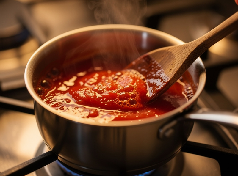 Red hot sauce simmering and reducing in a small saucepan on a stovetop, steam rising, a wooden spoon stirring