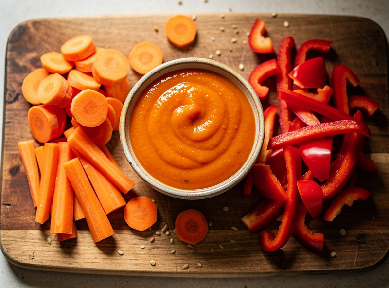 Bright orange carrot-thickened hot sauce in a bowl beside chopped carrots and red peppers on a cutting board