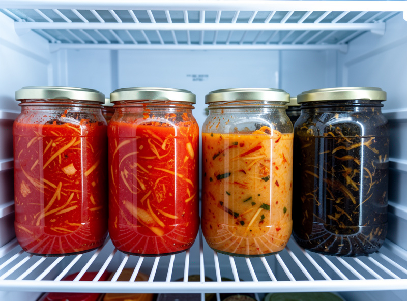 Several glass jars of kimchi at different ages lined up in a refrigerator, ranging from bright fresh red to darker aged kimchi, showing how kimchi changes over time