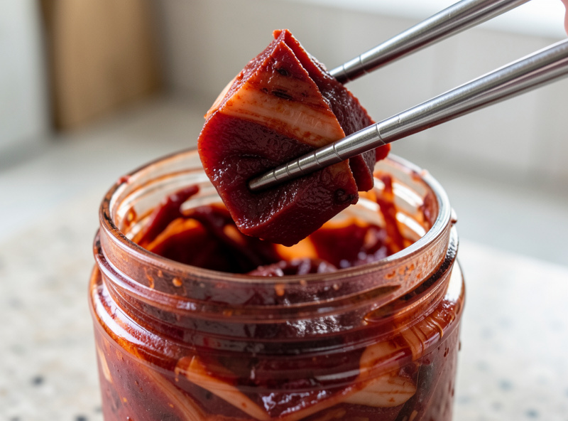 A close-up of aged darker kimchi being lifted from a jar with chopsticks, showing the softer texture and deeper colour of long-fermented kimchi