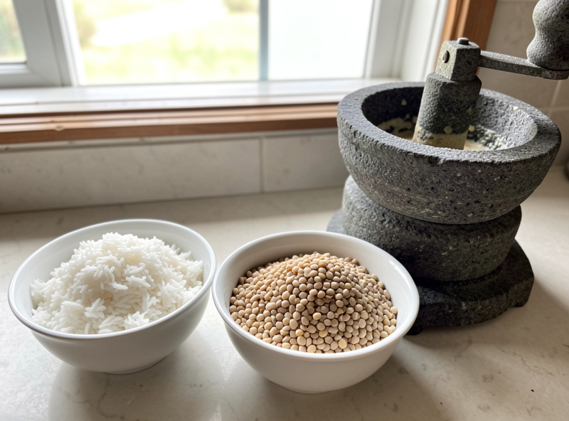 Bowls of soaked rice and soaked split urad dal beside a stone wet grinder