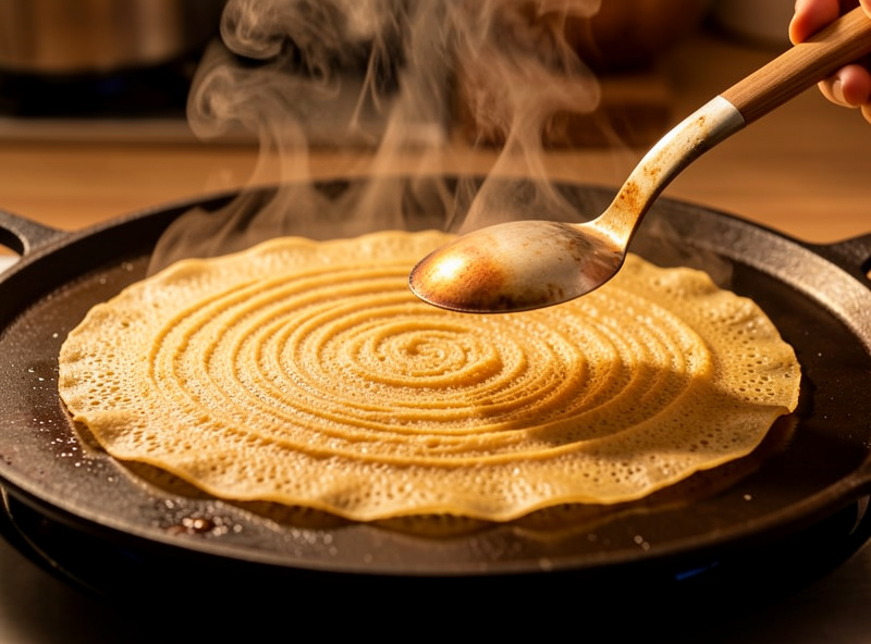 A thin crisp golden dosa being spread on a hot griddle with a ladle