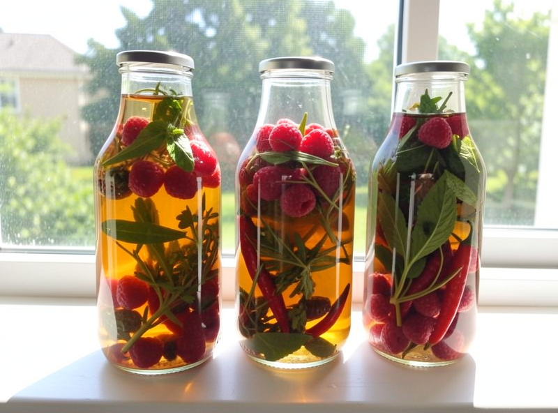 Glass bottles of infused vinegar with herbs, raspberries, and chilli peppers steeping inside on a sunny windowsill