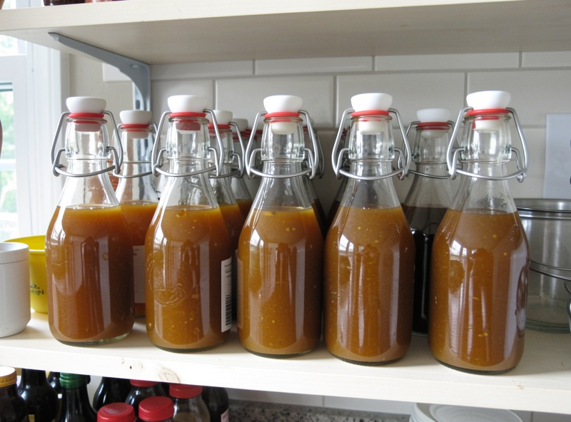 Finished infused vinegars strained and bottled into swing-top glass bottles, labelled and lined up on a shelf