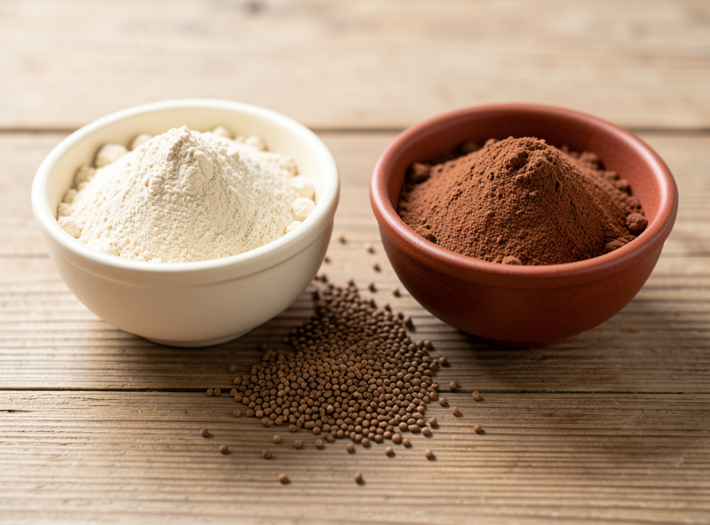 Bowls of ivory and brown teff flour with tiny teff grains scattered between them