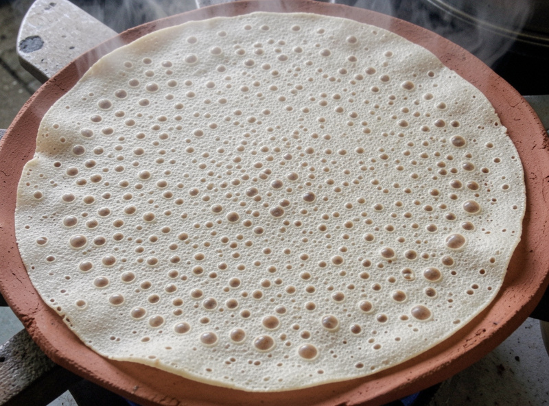 A round of injera cooking on a clay griddle with tiny eyes forming across the surface