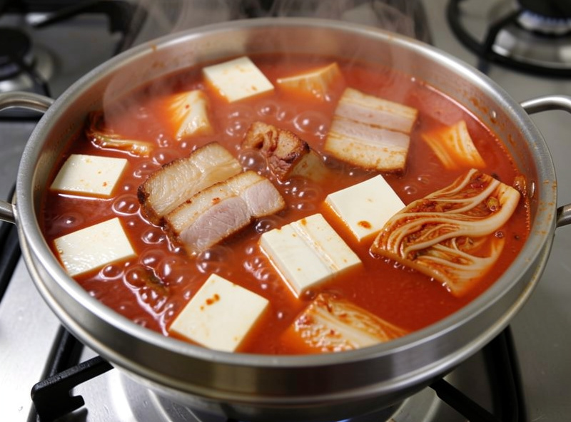 A pot of bubbling red kimchi jjigae stew with chunks of pork belly, tofu, and aged kimchi, steam rising, on a stovetop
