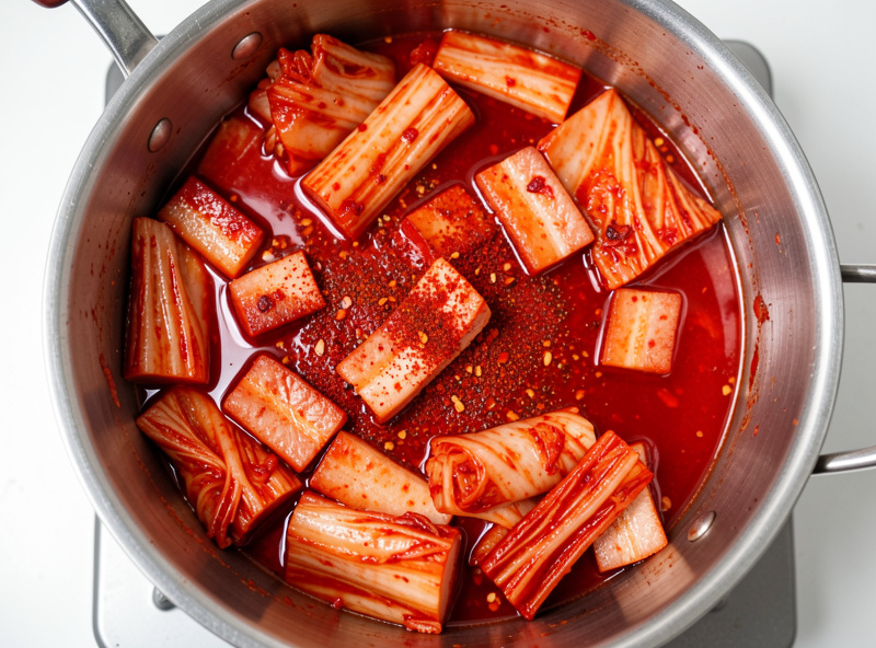 Aged kimchi and pork belly being stir-fried in a pot with gochugaru before adding broth to make kimchi jjigae, building the stew base
