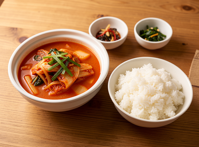 A served bowl of kimchi jjigae beside a bowl of white rice and small Korean side dishes on a table, a complete home meal