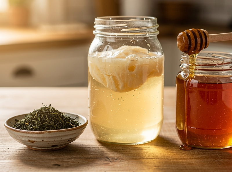 A jar of jun fermenting with a SCOBY beside green tea leaves and a jar of raw honey