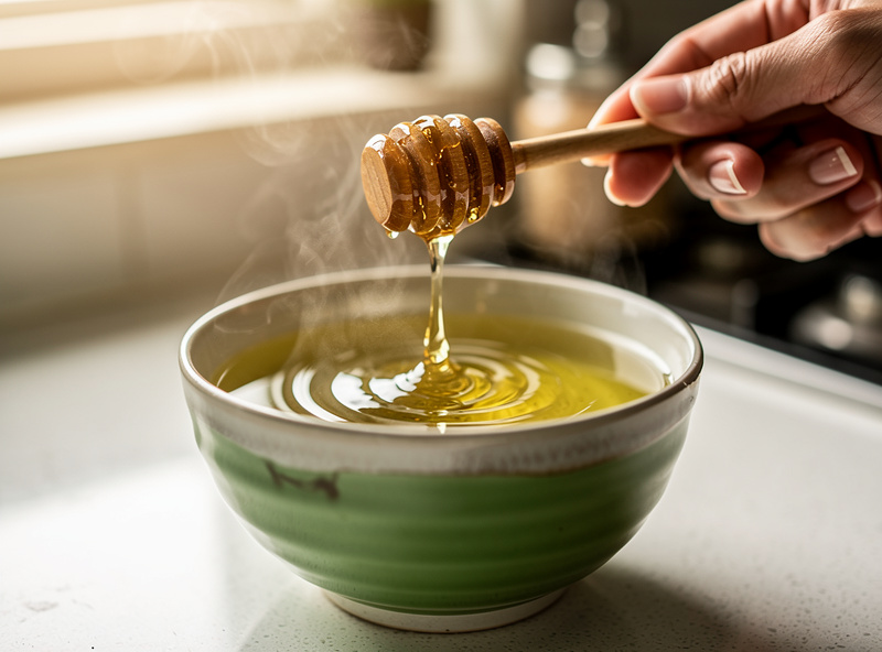 Dissolving raw honey into warm green tea to brew jun