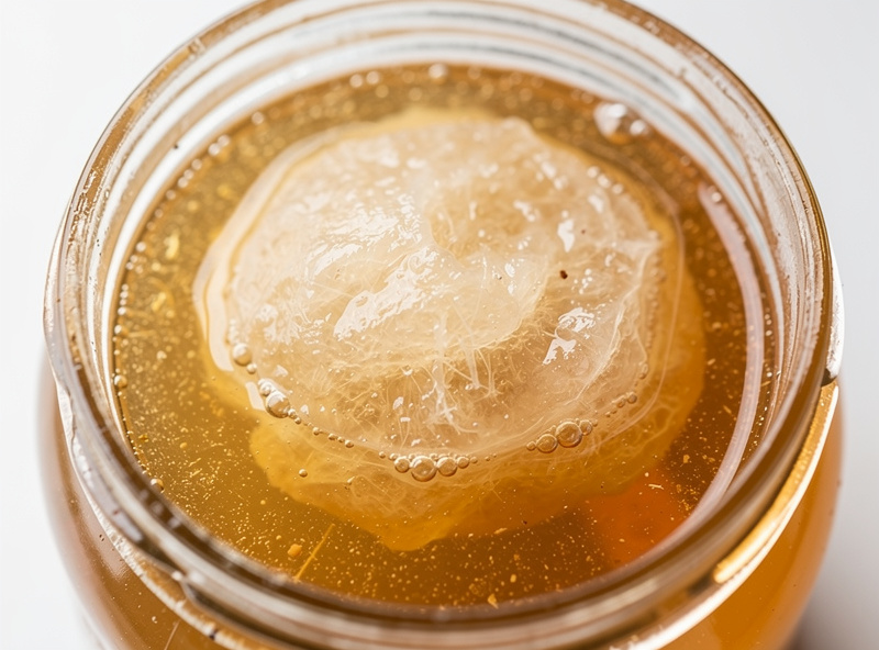 A pale jun SCOBY culture floating in a jar of honey-green tea