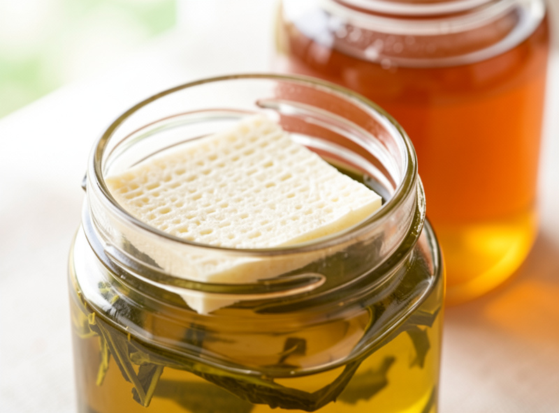Jun tea fermenting in a glass jar with a pale culture mat floating on green tea, jar of honey and loose green tea nearby