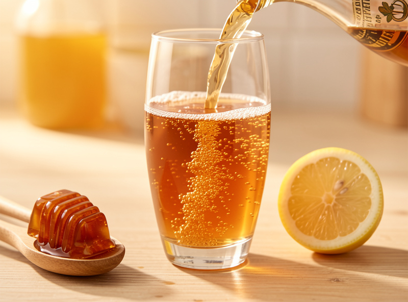 Finished jun tea in a swing-top bottle with fine champagne-like bubbles, honey and lemon beside it, bright light