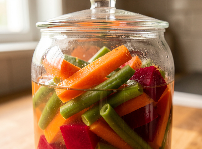 Crisp fermented carrot sticks, green beans, and beet cubes under a glass weight in a brine-filled jar