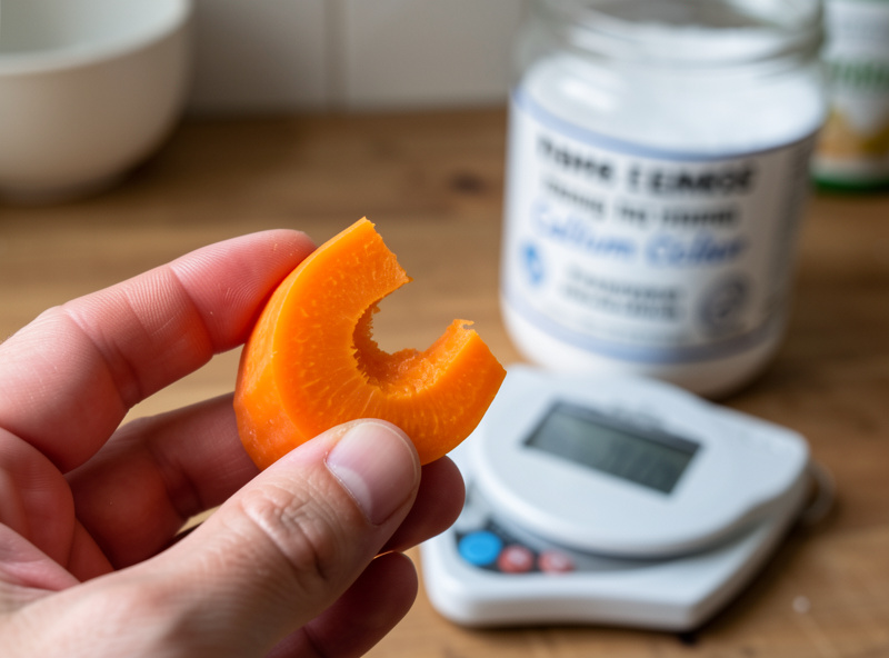 A fermented carrot stick snapped in half showing crisp interior next to a scale and calcium chloride firming granules