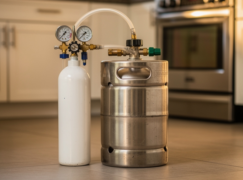 A stainless Cornelius keg connected to a CO2 tank and regulator for carbonating kombucha