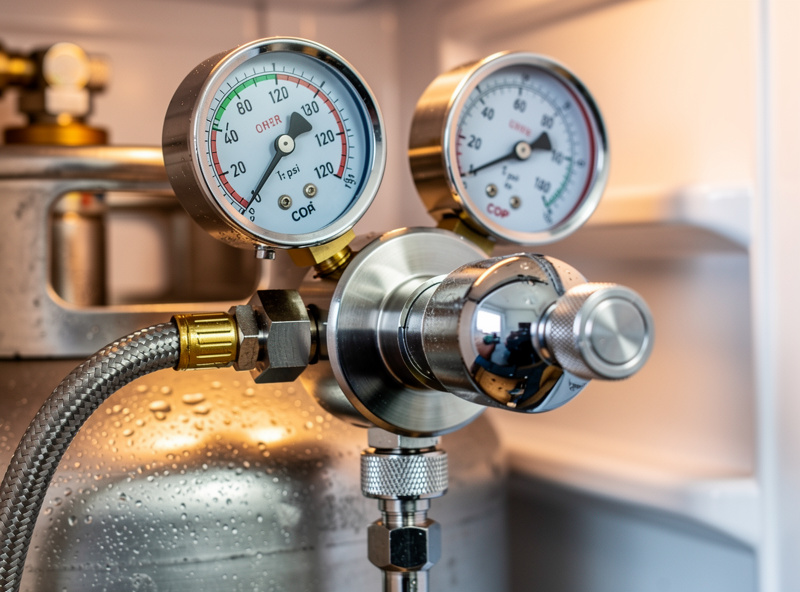 A dual-gauge CO2 regulator set to 12 psi connected to a kombucha keg in a fridge