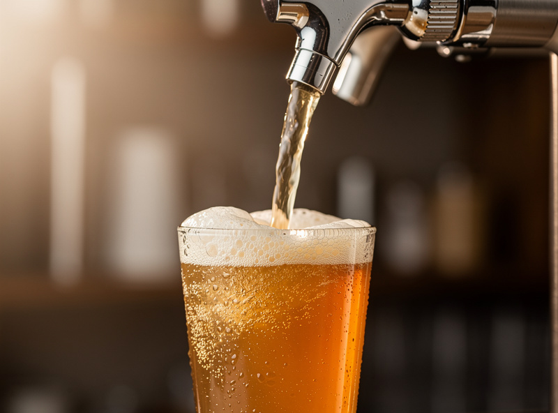 Pouring carbonated kombucha from a tap into a glass showing lively fizz