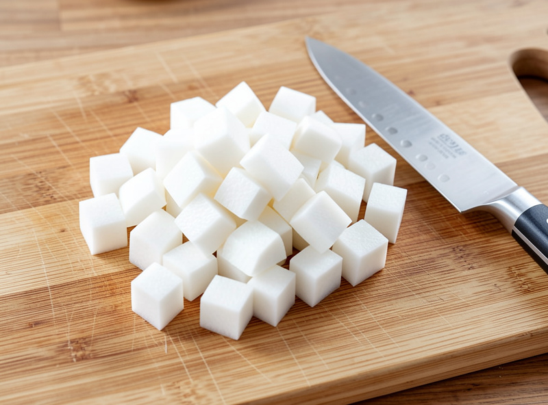 A pile of peeled white Korean radish cut into roughly two centimetre cubes on a wooden cutting board ready for salting to make kkakdugi