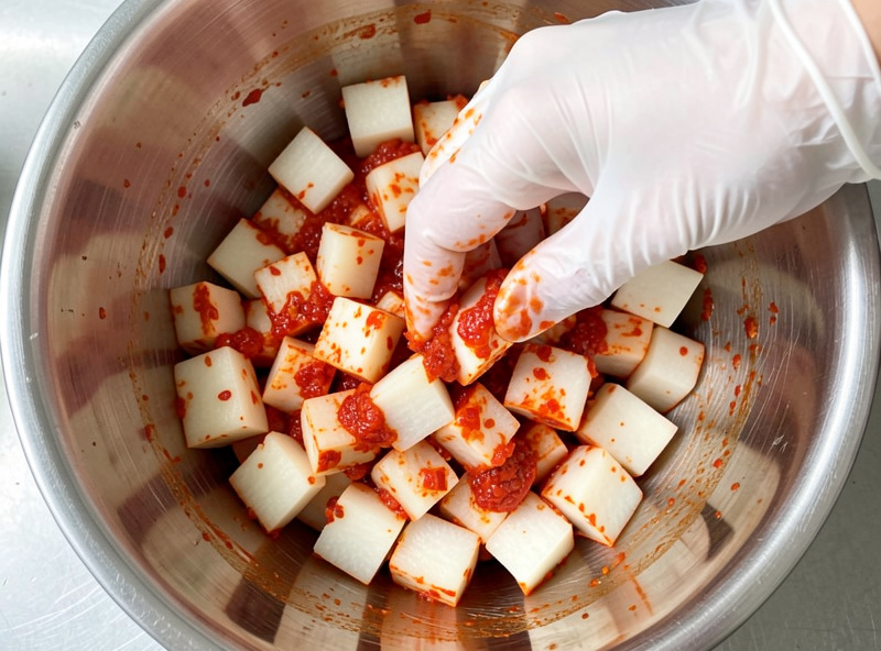 Radish cubes being coated by hand in a bright red gochugaru paste in a large mixing bowl, the spicy paste clinging evenly to each cube