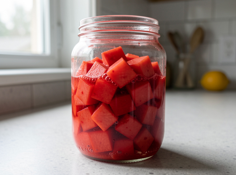 A clear glass jar packed with finished red kkakdugi radish kimchi cubes on a kitchen counter, juices risen over the cubes with a few CO2 bubbles