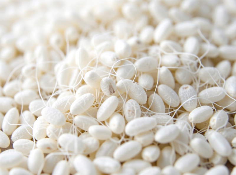 Tray of finished white koji rice colonised by Aspergillus oryzae, fuzzy white grains
