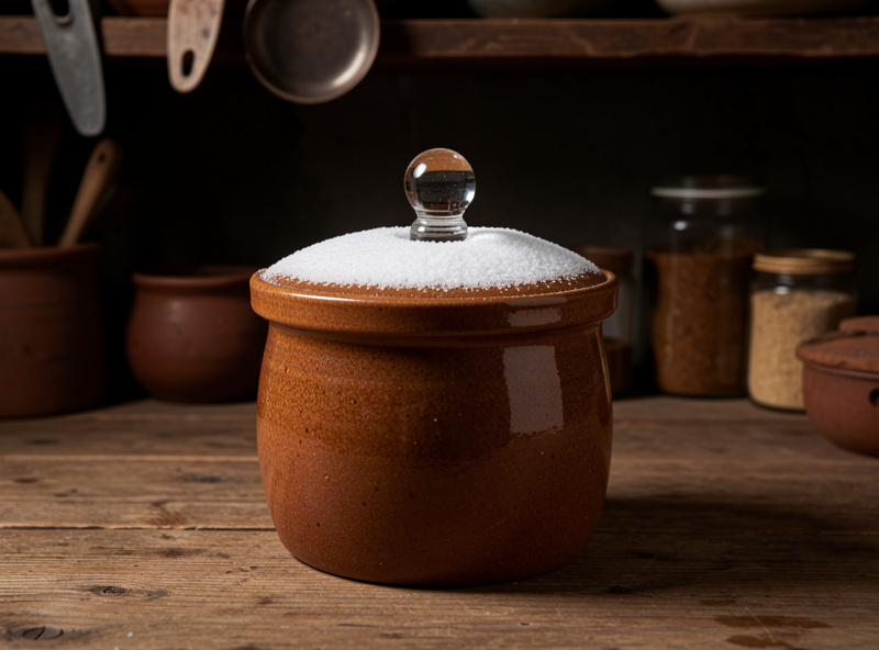 Crock of homemade miso aging with a salt cap on the surface and a follower weight