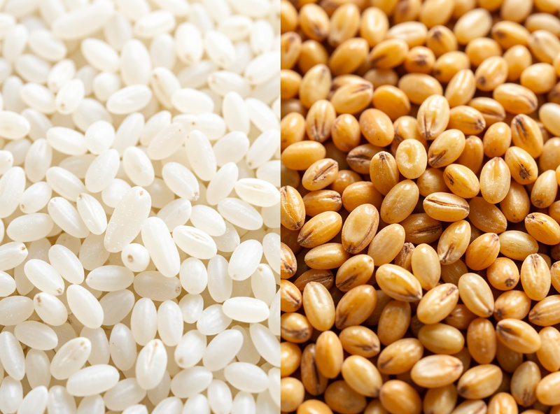 Side by side bowls of white koji rice and golden koji barley showing the colour and grain difference