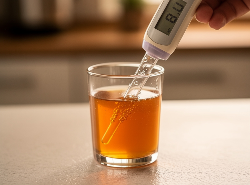 A digital pH meter reading 3.1 in a glass of kombucha on a kitchen counter