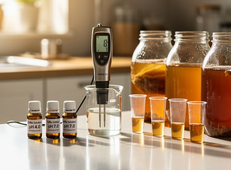 Calibrating a digital pH meter with buffer solution next to kombucha test samples