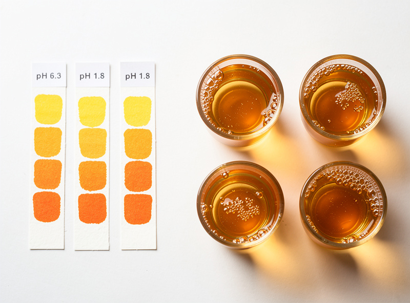 pH test strips next to kombucha samples showing the acidic 2 to 4 color range