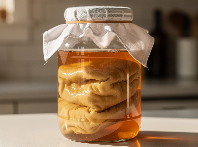 A half-gallon glass SCOBY hotel jar with stacked kombucha cultures covered by cloth on a kitchen shelf