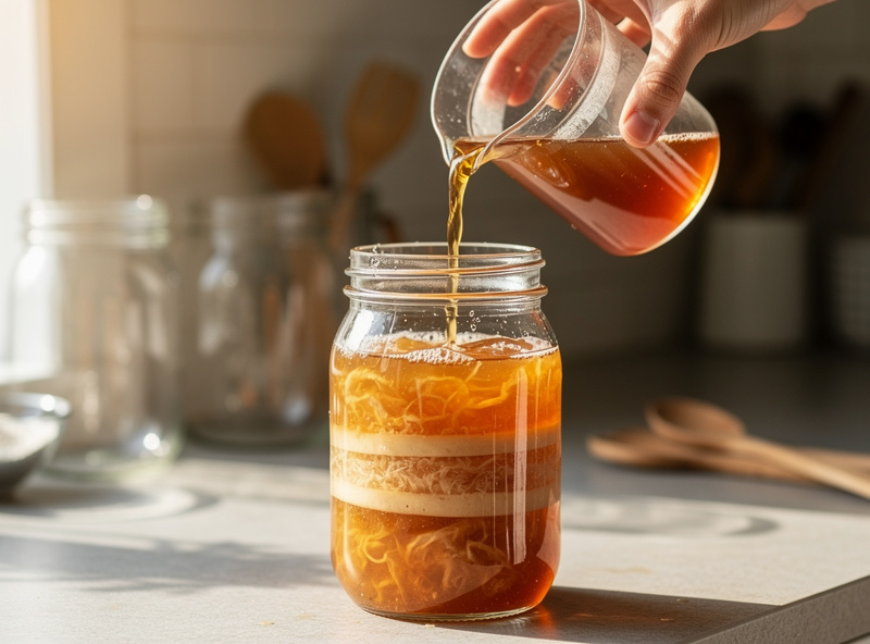 Pouring fresh sweet tea into a SCOBY hotel jar to feed the stored kombucha cultures