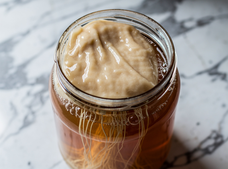 Close-up comparing a healthy SCOBY with normal brown yeast strands against fuzzy surface mold