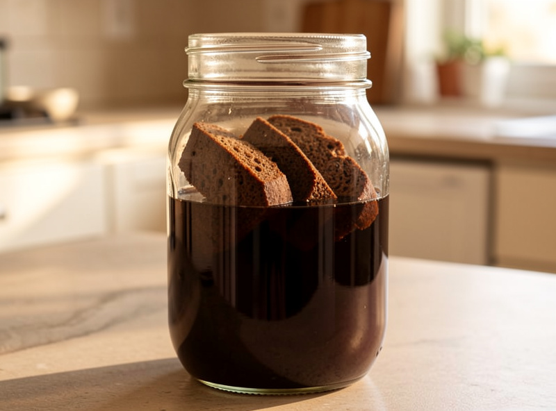 Slices of dark toasted rye bread steeping in a jar of water to make bread kvass
