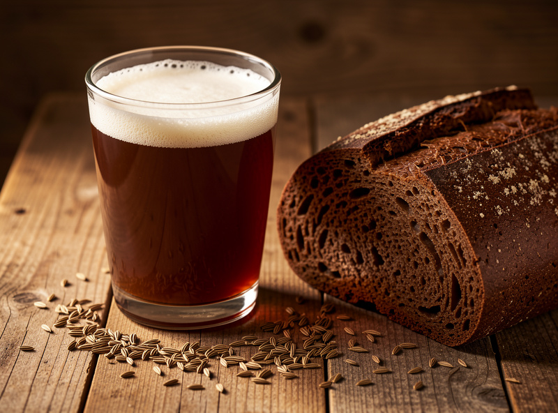 A glass of dark amber bread kvass with a thin head of bubbles beside a dark rye loaf