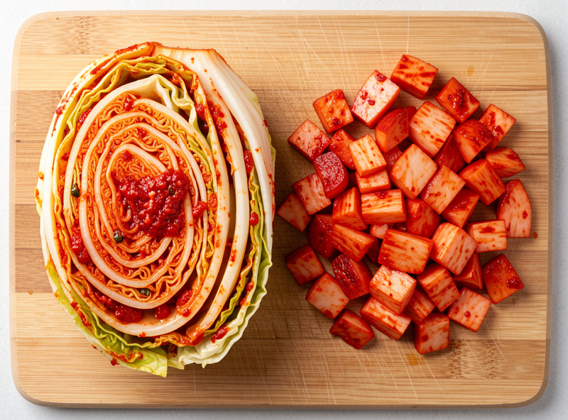 Side by side comparison of whole quartered pogi kimchi and roughly cut bite-size mak kimchi, both coated in red gochugaru paste