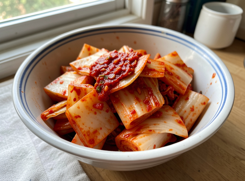 A bowl of everyday mak kimchi made from roughly cut napa cabbage pieces tossed in red gochugaru paste, ready to eat from the jar