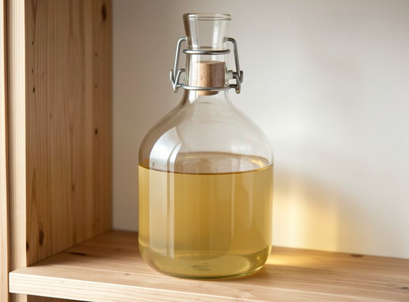 A glass carboy of pale golden mead fermenting under a three-piece airlock on a shelf