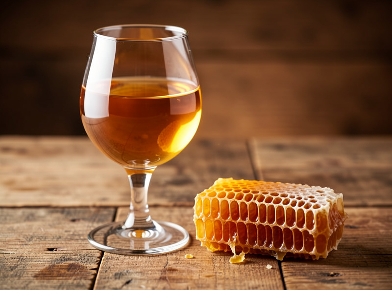 A glass of clear golden aged mead beside a honeycomb on a wooden table in warm light