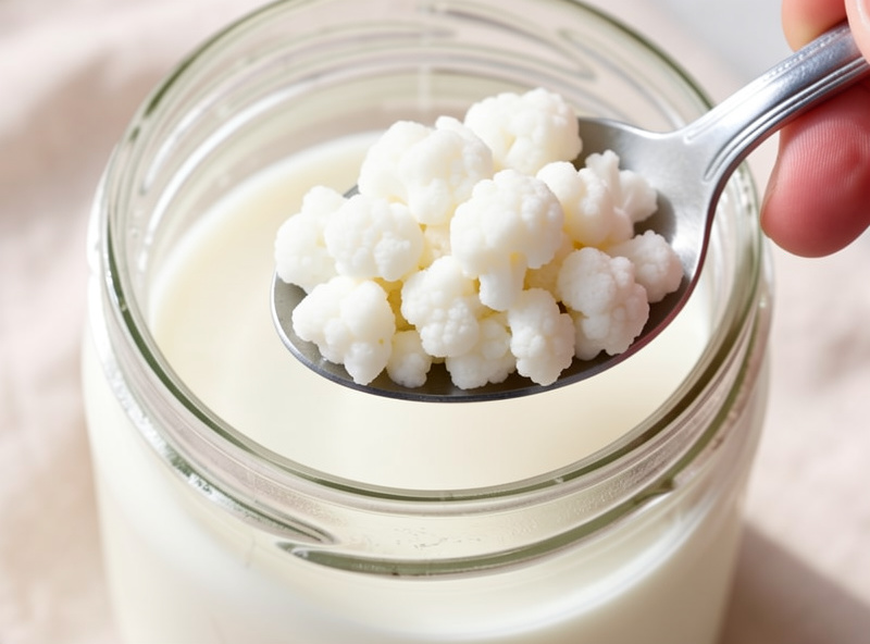 White cauliflower-like milk kefir grains in a spoon over a jar of fresh milk, close-up showing the soft clustered texture
