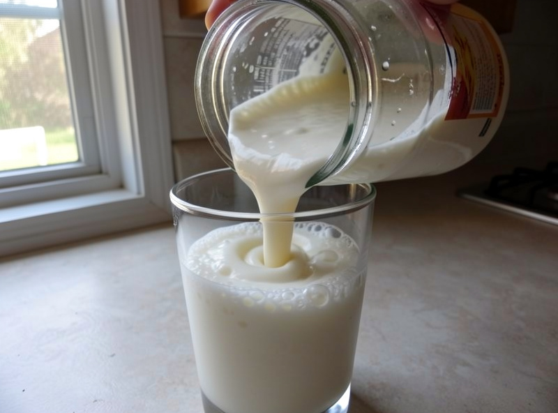 Thick finished milk kefir being poured from a jar into a glass, showing creamy effervescent texture