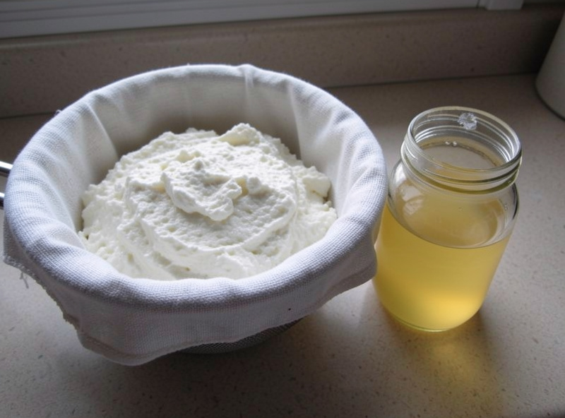 Strained soft milk kefir cheese in a cloth-lined sieve beside a jar of whey, kitchen counter