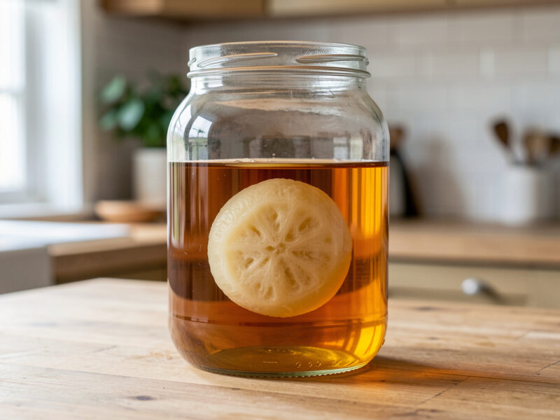 Translucent vinegar mother floating on amber vinegar in a wide-mouth glass jar