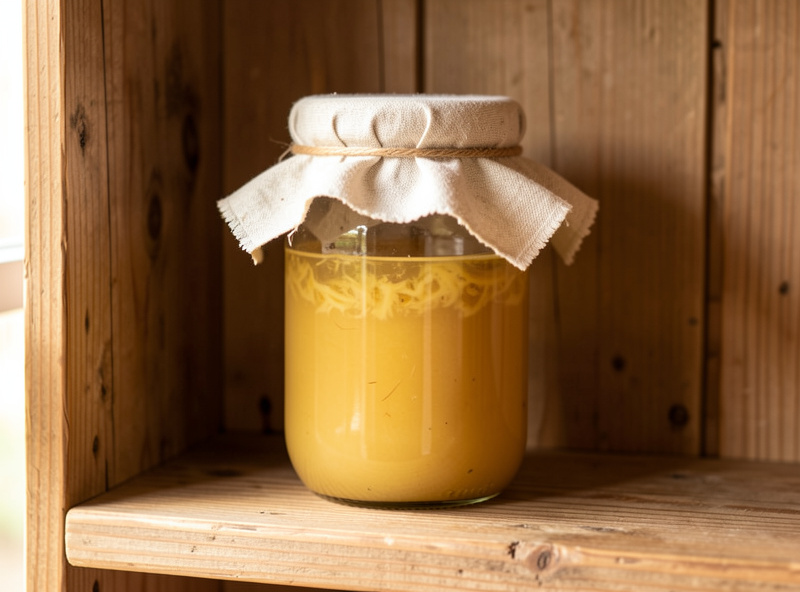 A mother of vinegar stored in a jar of finished vinegar covered with a cloth on a kitchen shelf