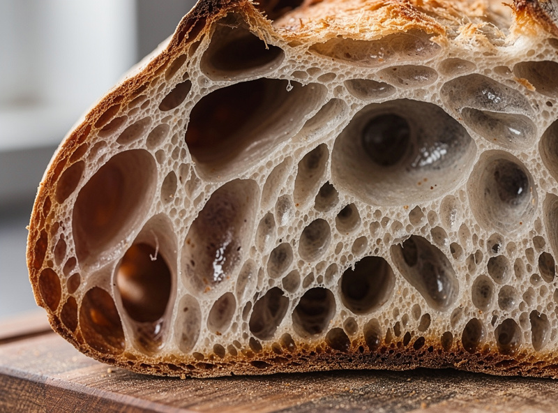 A sliced artisan sourdough loaf showing open irregular crumb with large glossy holes and a thin translucent gluten membrane, on a wooden board